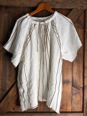 SABO White Boho Gauze Tunic Top Contrast Stitch Tie Neck Size S US 4